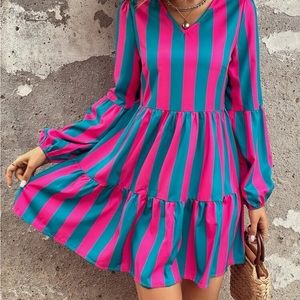 Striped Print Ruffle Hem Smock Dress XL NWOT